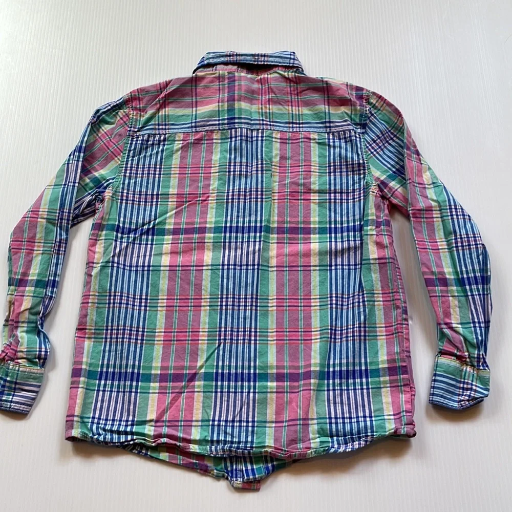 Gymboree blue, white, pink & green plaid long sleeve button down.  Boy Medium